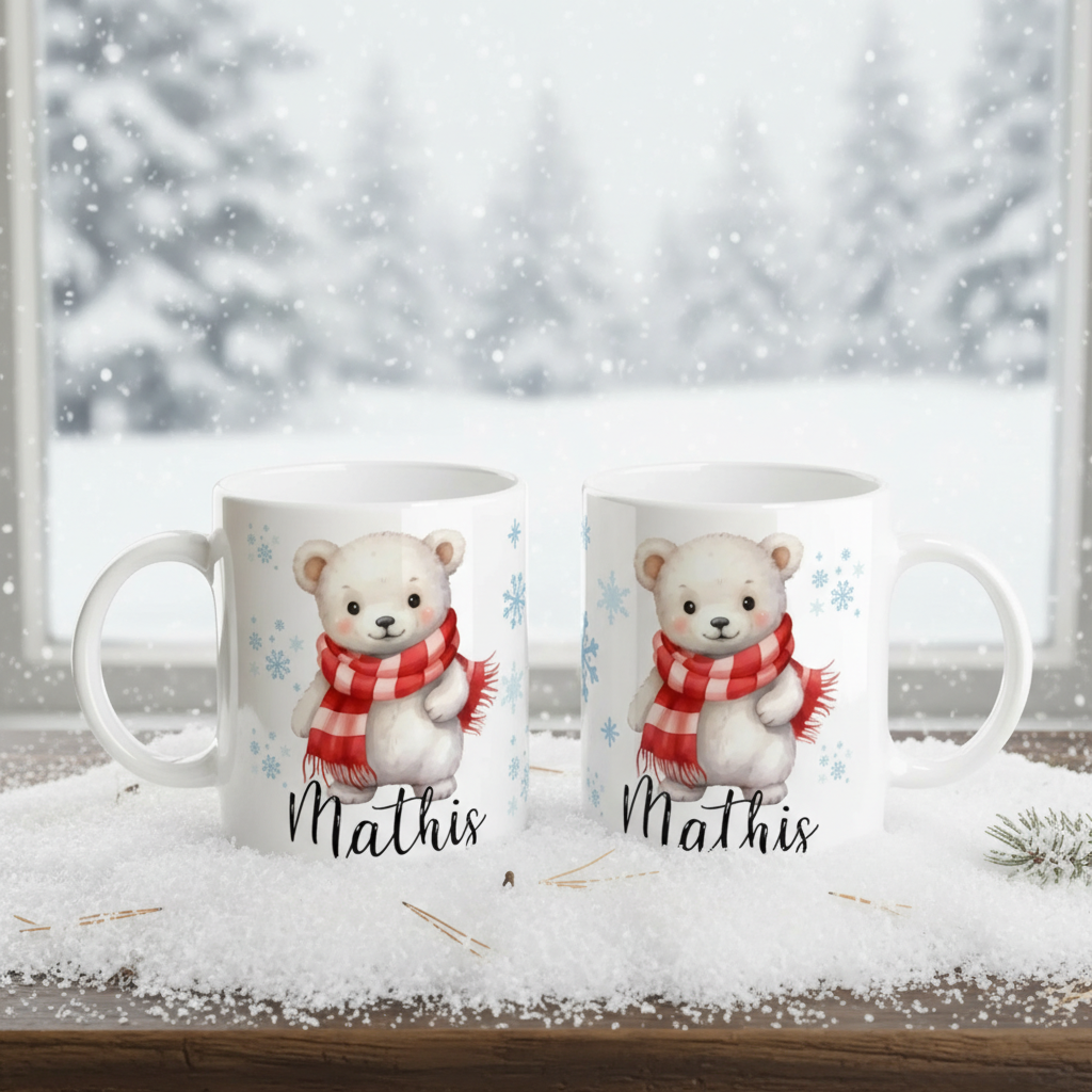 Mug de Noël personnalisé avec illustration d’un ourson blanc portant une écharpe rouge, posé dans une ambiance hivernale enneigée