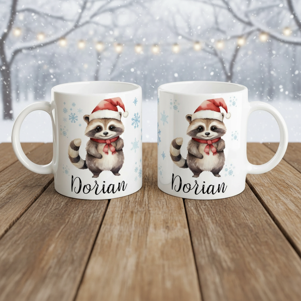 Mug de Noël personnalisé pour enfant avec illustration de raton laveur portant un bonnet rouge et une écharpe festive, posé sur une table en bois dans un décor hivernal enneigé.