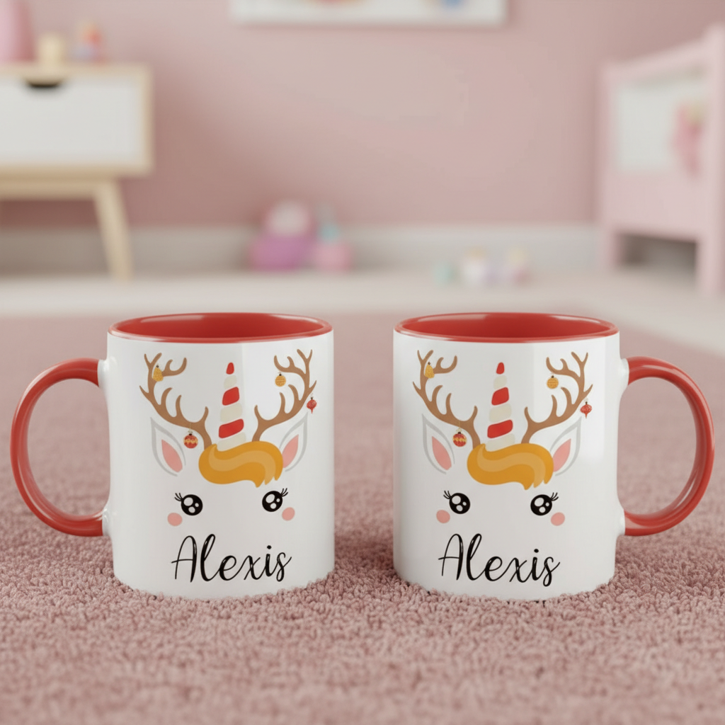 Mug personnalisé de Noël avec renne licorne et intérieur rouge
