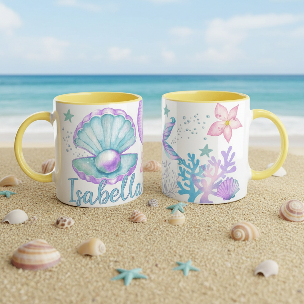 Mug personnalisé océan avec anse et intérieur colorés sur fond plage