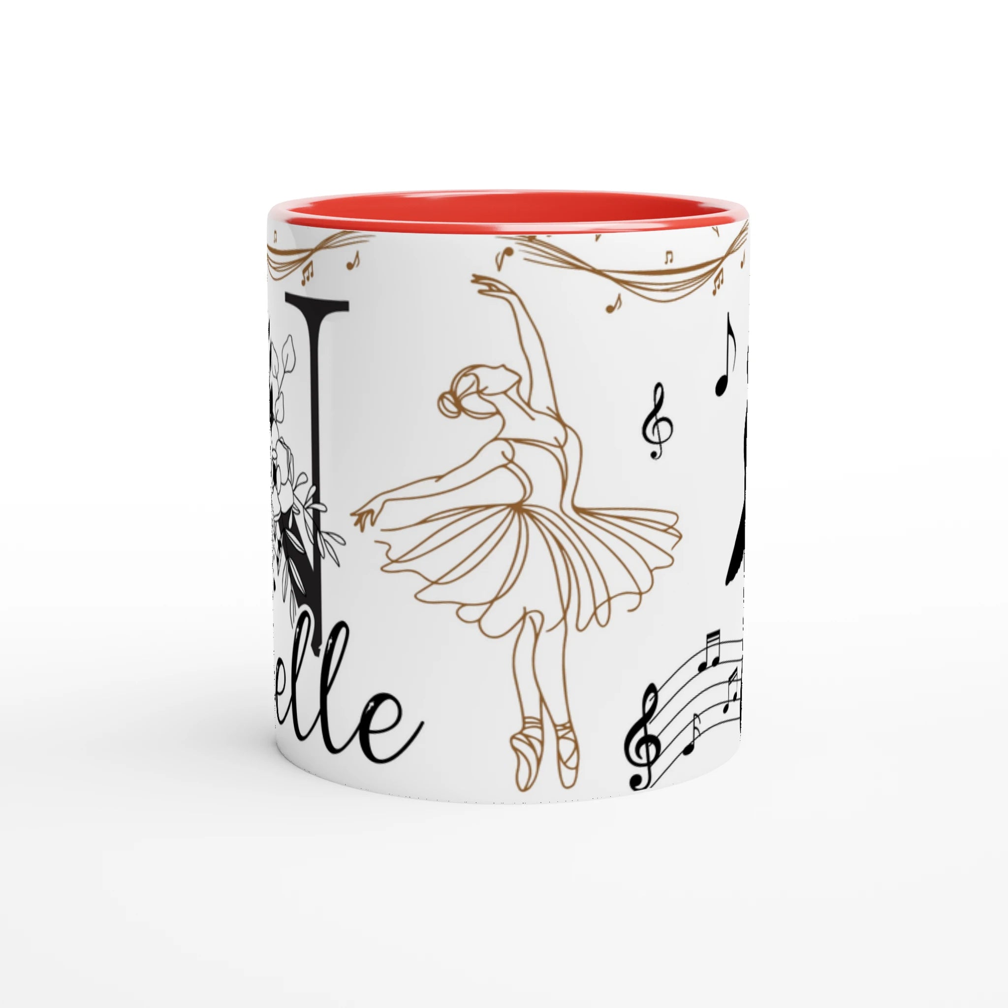 Mug personnalisé avec prénom, danseuse classique et notes de musique, intérieur rouge, parfait pour un cadeau unique pour une passionnée de ballet.