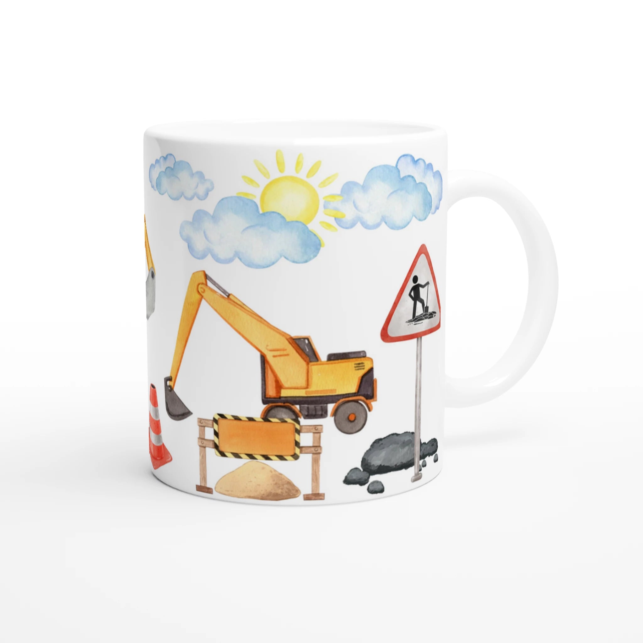 Mug personnalisé tout blanc avec illustration d’engins de chantier et panneaux de signalisation, parfait pour un cadeau ludique et original.