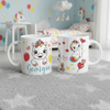 Mug personnalisable licorne arc-en-ciel avec prénom enfant, décor féérique aux cœurs, étoiles et ballons, idée cadeau fille originale.