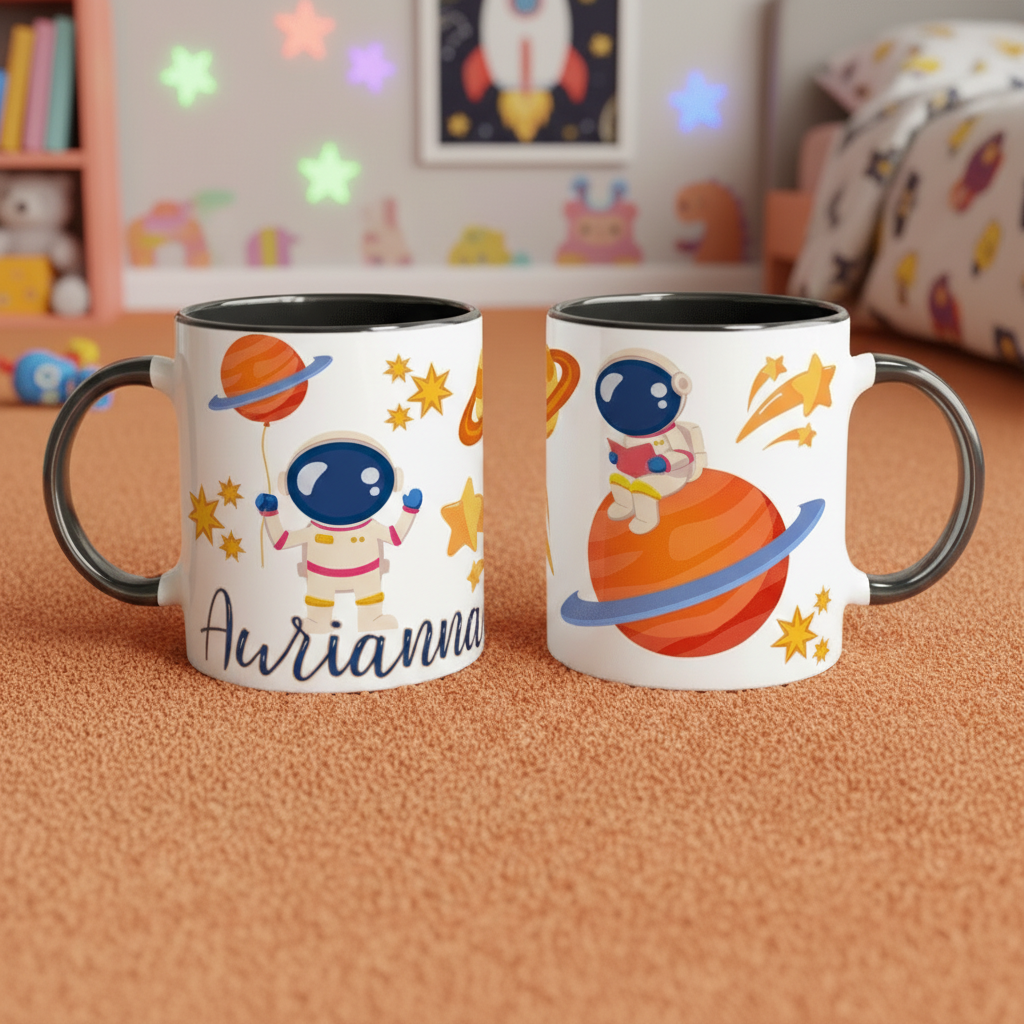 mug enfant personnalisé astronaute avec anse noire et étoiles