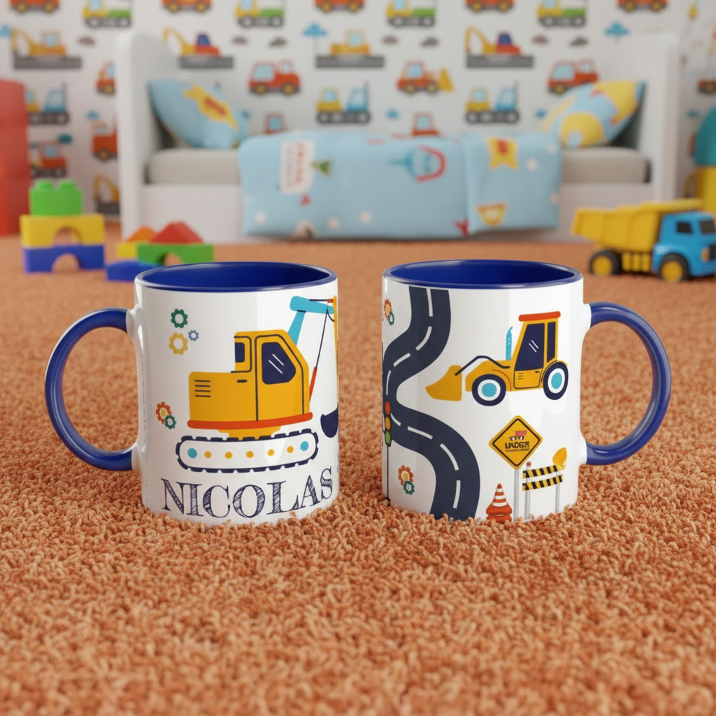 Mug personnalisé enfant motif chantier posé sur sol textile intérieur