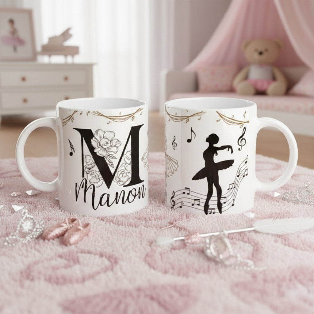 Mug prénom personnalisé danse classique avec ballerine, fleurs et notes de musique, cadeau élégant pour danseuse passionnée.