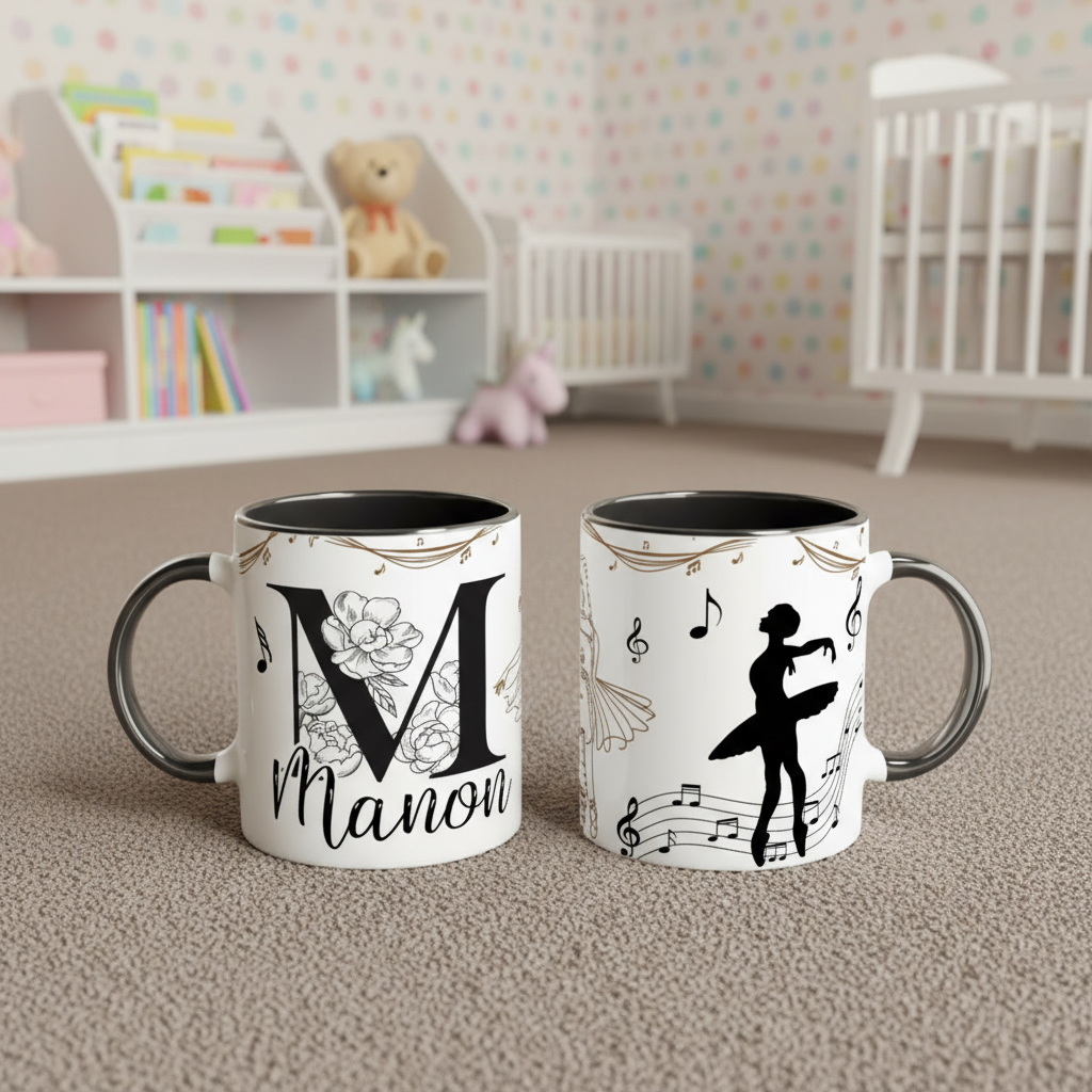 mug personnalisé danse classique avec initiale et illustration ballerine noire et notes de musique dans une chambre enfant
