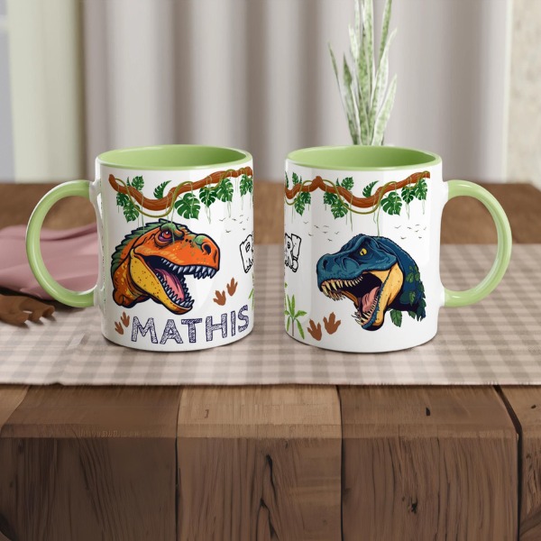 Mug dinosaure T-Rex personnalisé, intérieur vert, parfait pour les fans de dinosaures.