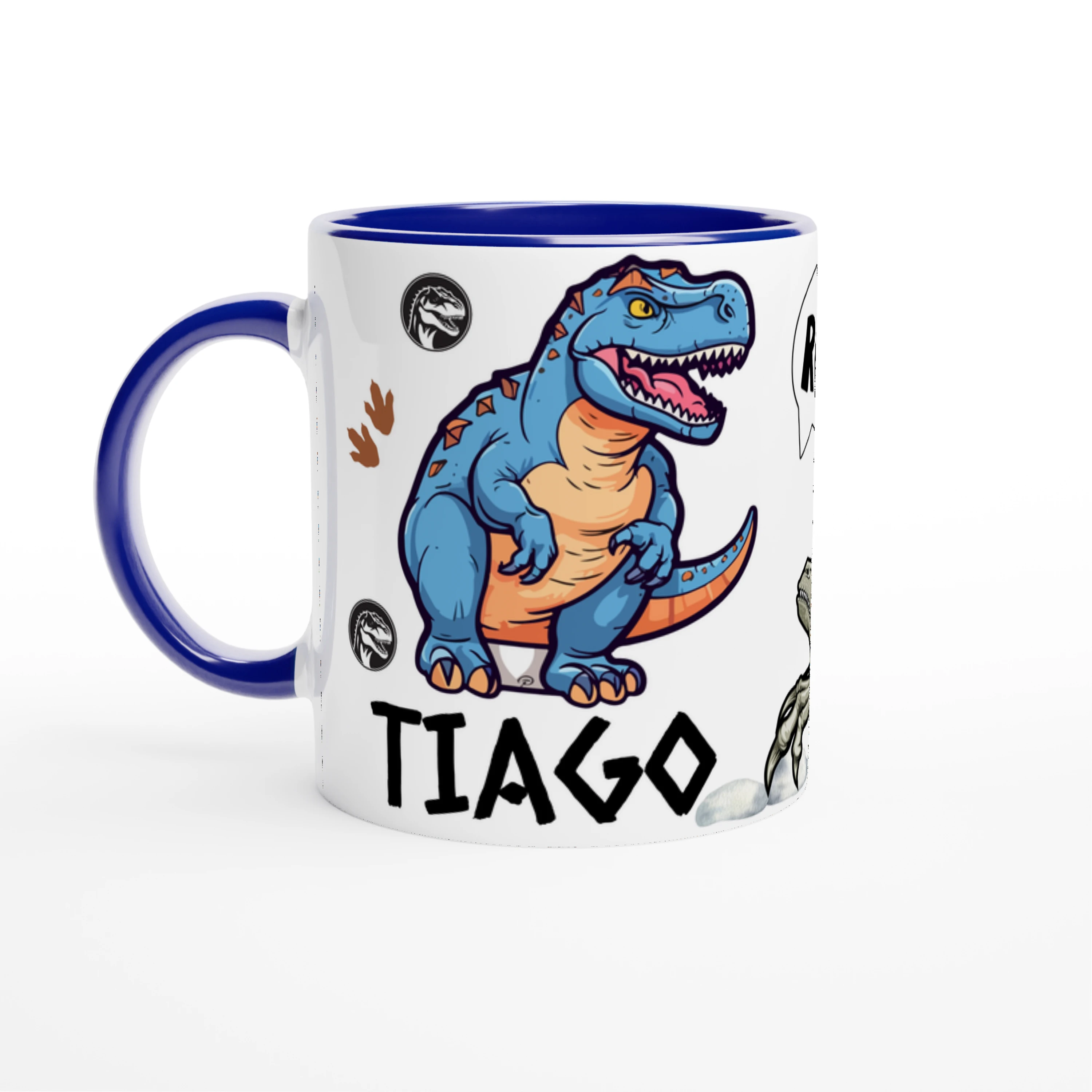 Mug personnalisé avec motif dinosaure T-Rex, intérieur bleu, cadeau parfait pour enfant.
