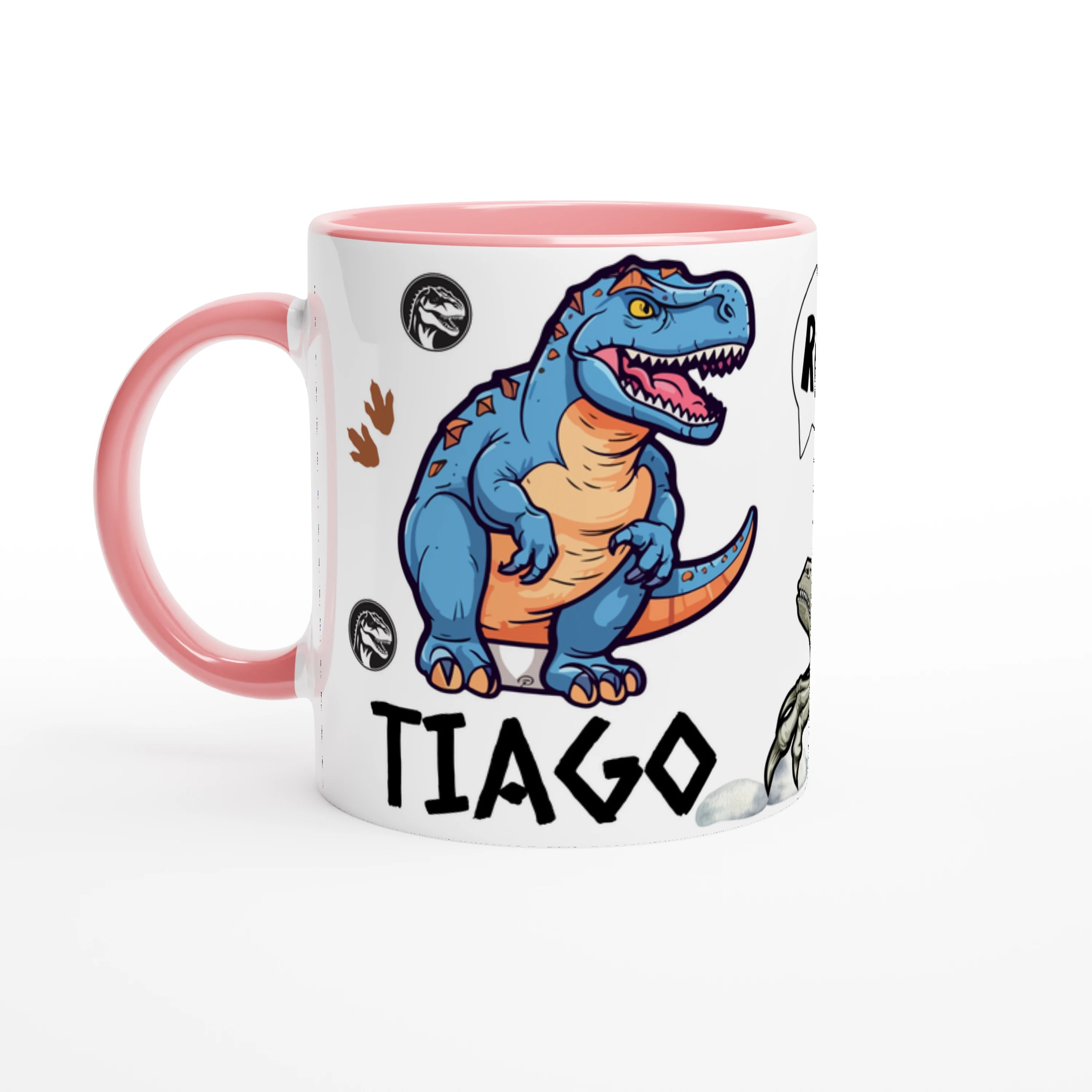 Mug dinosaure avec prénom personnalisé, intérieur rose, parfait pour un cadeau amusant et original.

