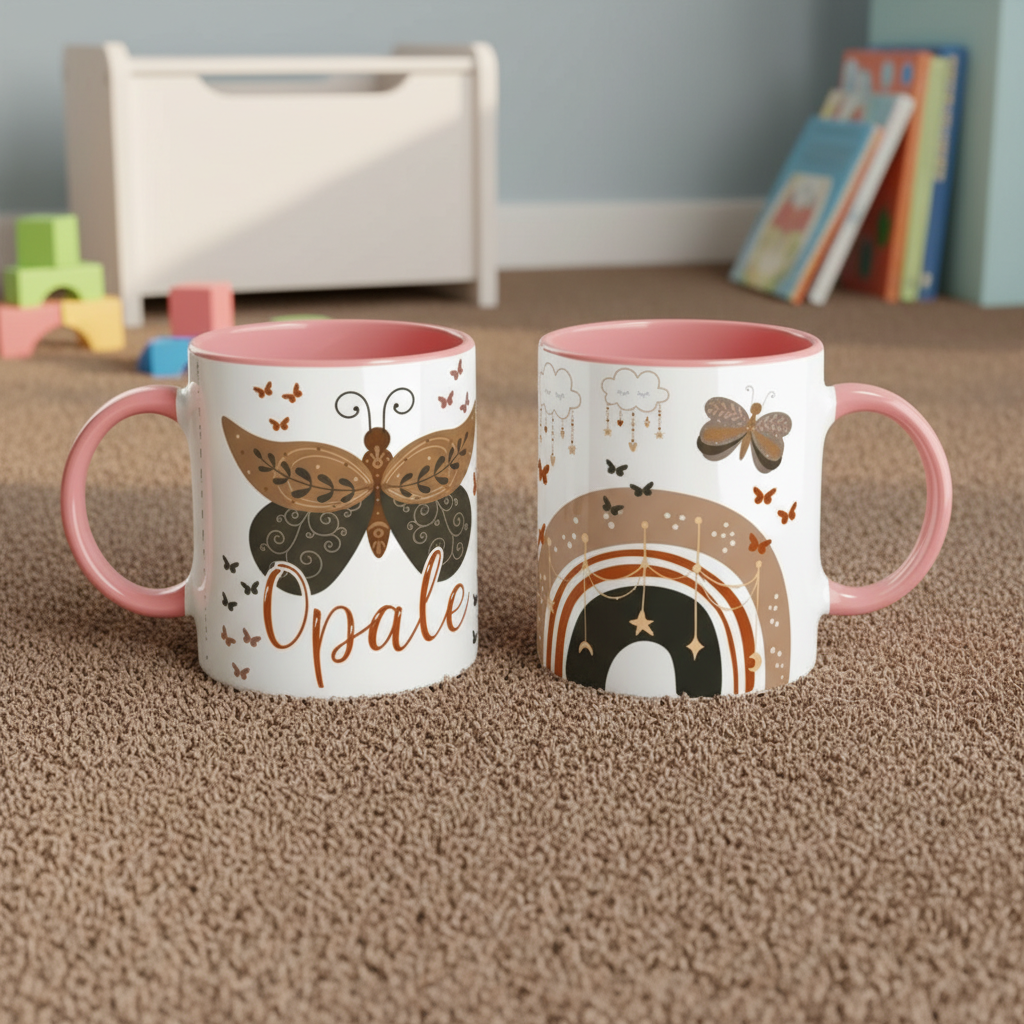 mug enfant personnalisé avec anse colorée dans une chambre d’enfant