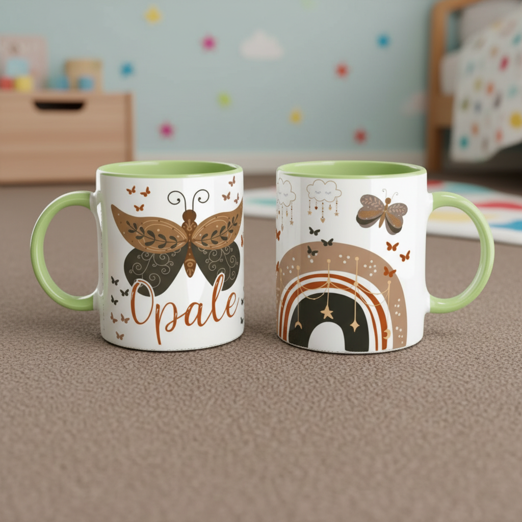 tasse enfant personnalisée avec motifs papillon et décor poétique