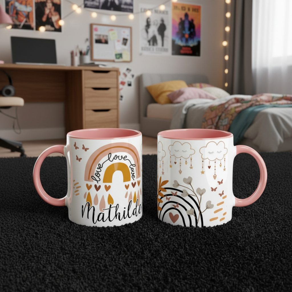 Mug personnalisé enfant arc-en-ciel présenté dans une chambre d’enfant