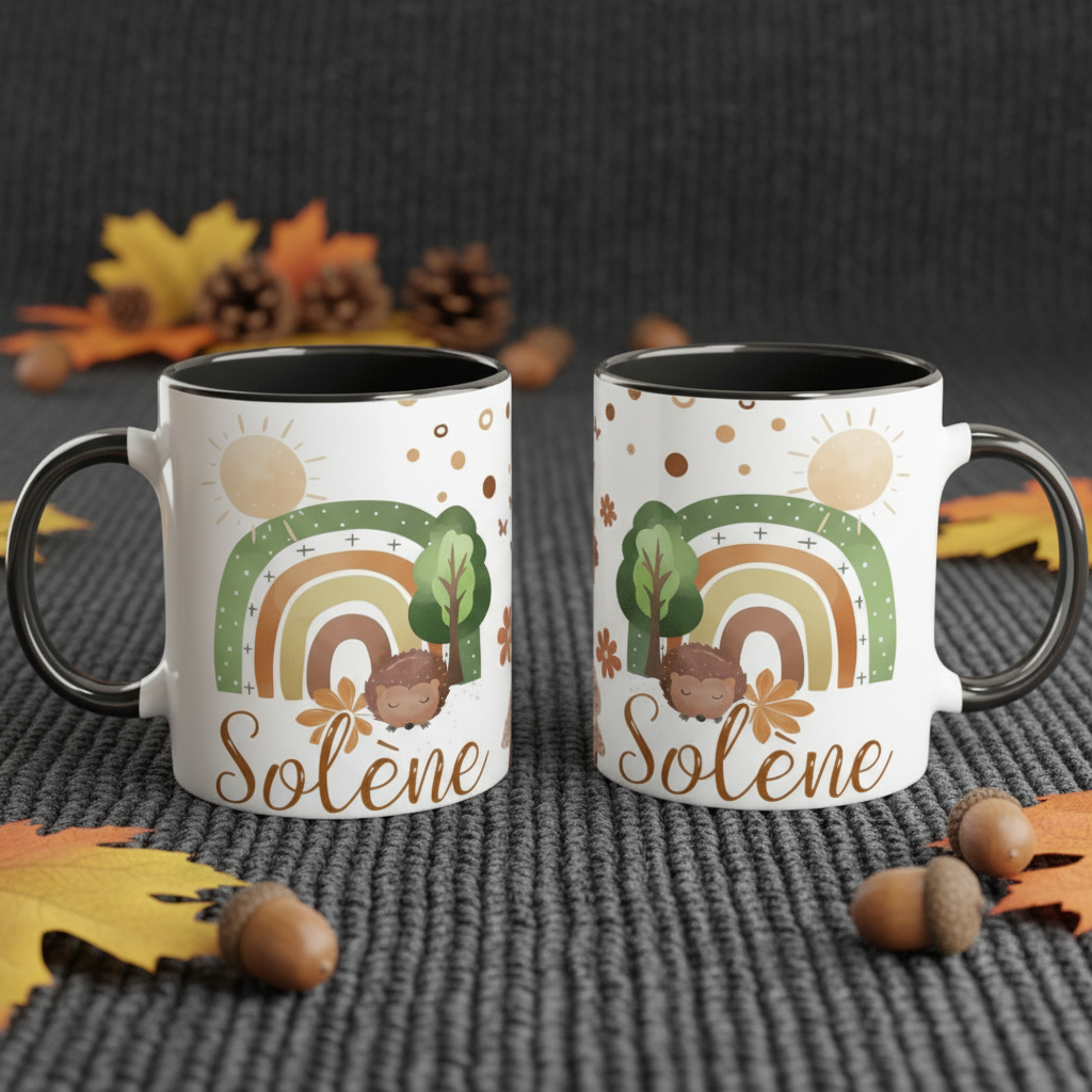 Mug personnalisé enfant avec design arc-en-ciel et éléments naturels dans une ambiance automnale