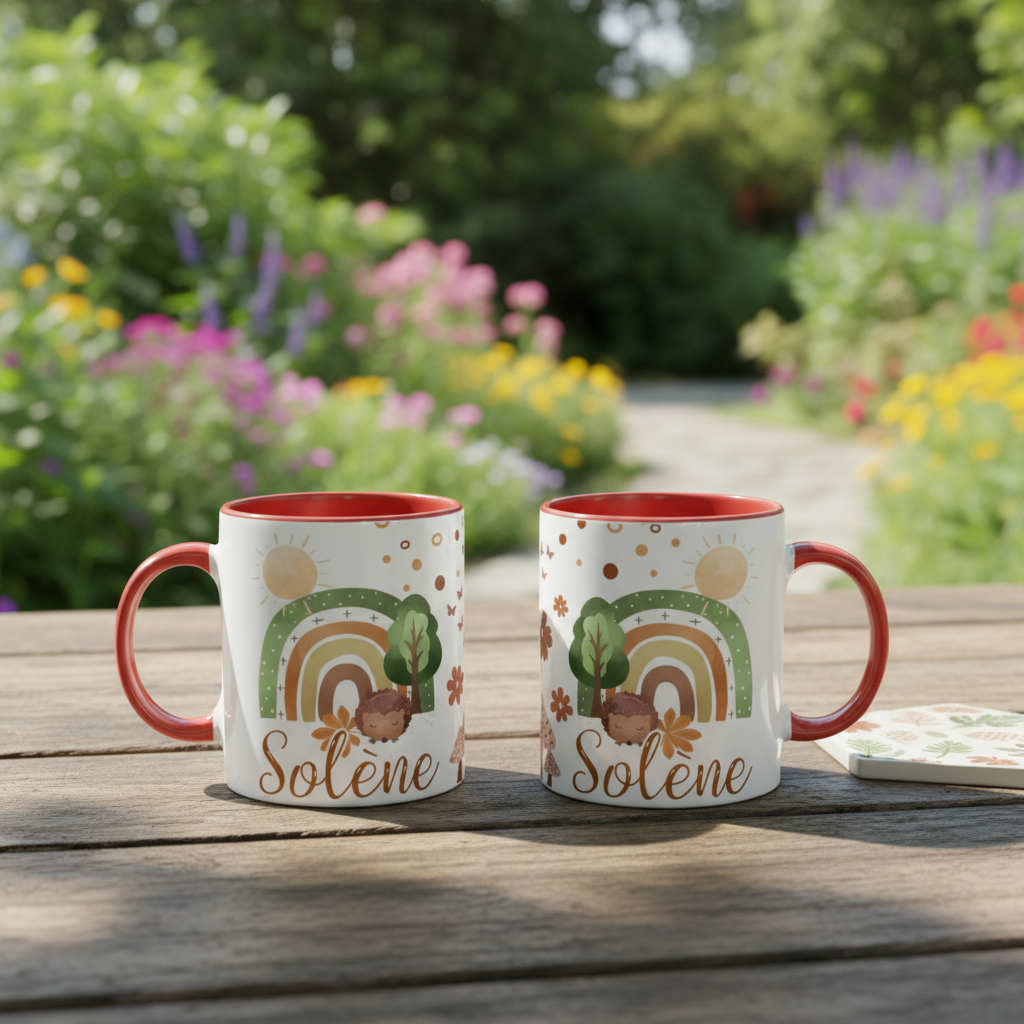 Mug personnalisé enfant avec illustration arc-en-ciel présenté sur une table extérieure en bois