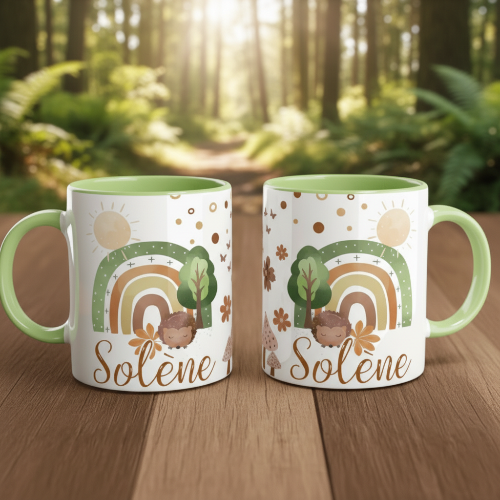 Mug personnalisé enfant avec illustration arc-en-ciel et décor nature posé sur une table en bois en forêt