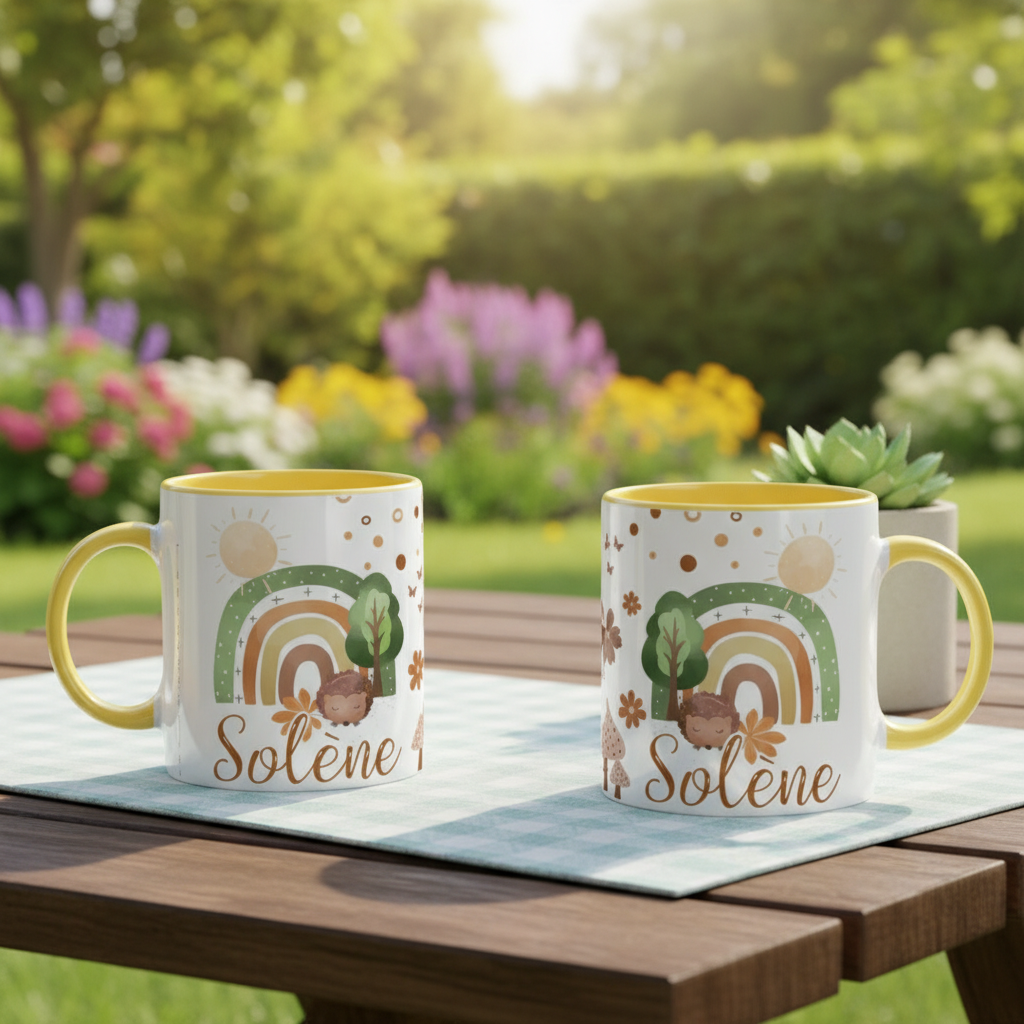 Mug personnalisé enfant motif arc-en-ciel et nature dans un jardin coloré en arrière-plan