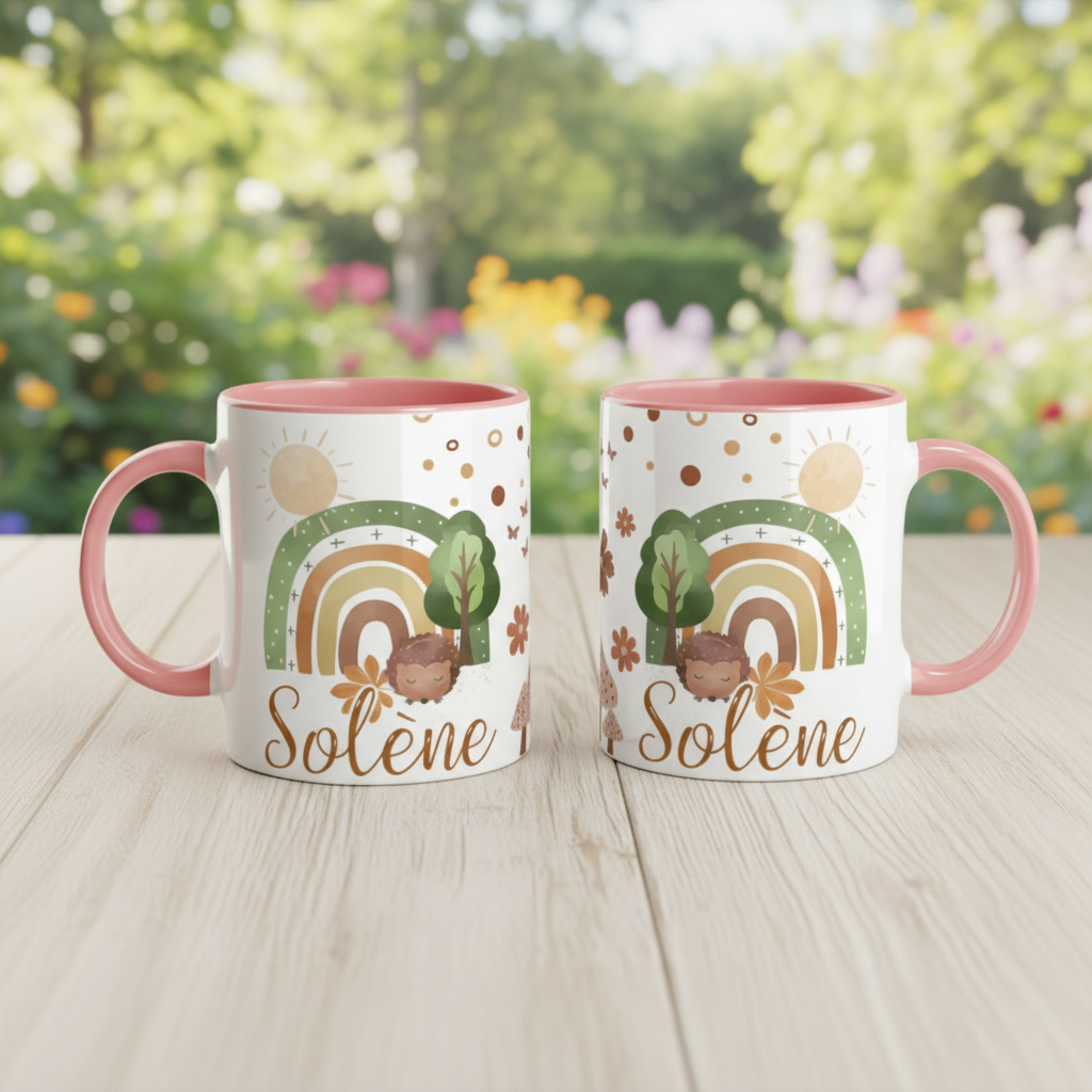 Mug personnalisé enfant avec illustration arc-en-ciel et décor naturel lumineux