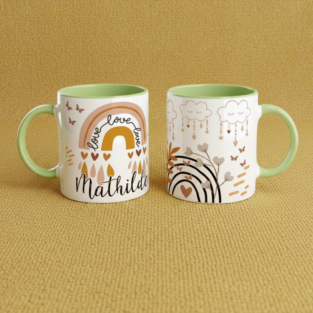 Mug personnalisé enfant avec arc-en-ciel et illustration décorative, vue de face