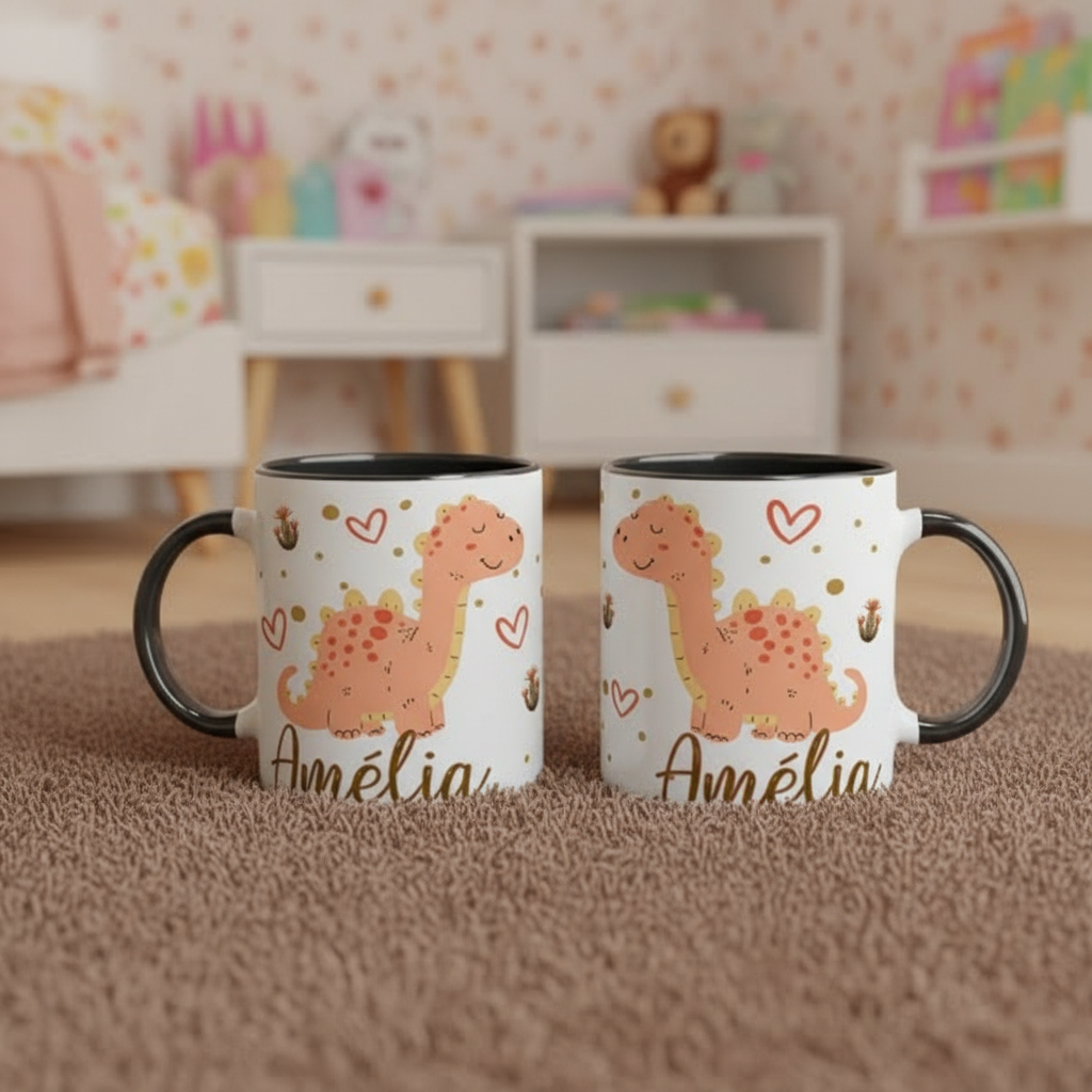 Mug enfant personnalisé avec illustration dinosaure et anse colorée posé dans une chambre enfant