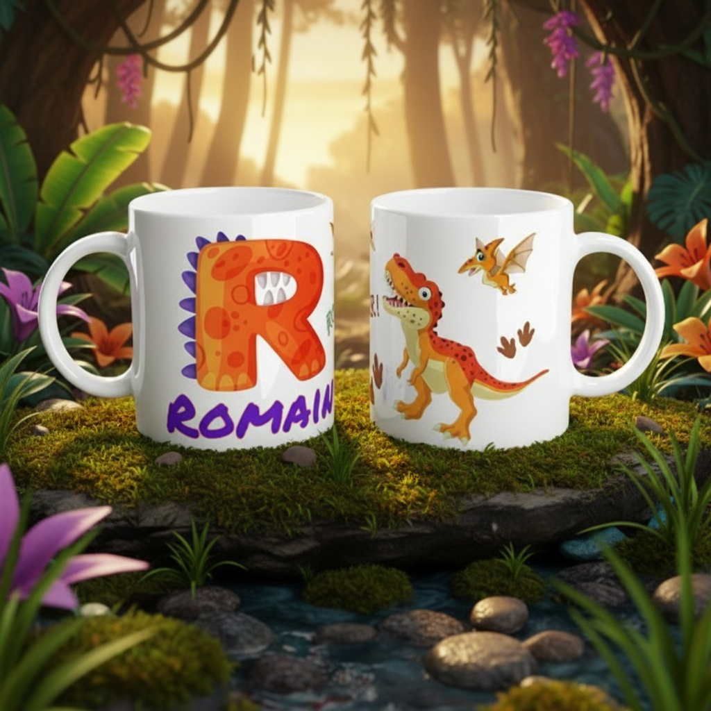 Mug personnalisé enfant en céramique avec dinosaure illustré, tasse enfant personnalisée pour cadeau