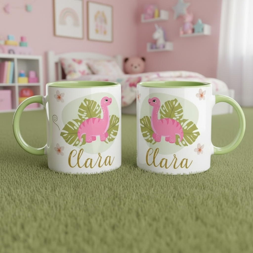 détail de l’illustration dinosaure sur mug enfant personnalisé avec finition soignée