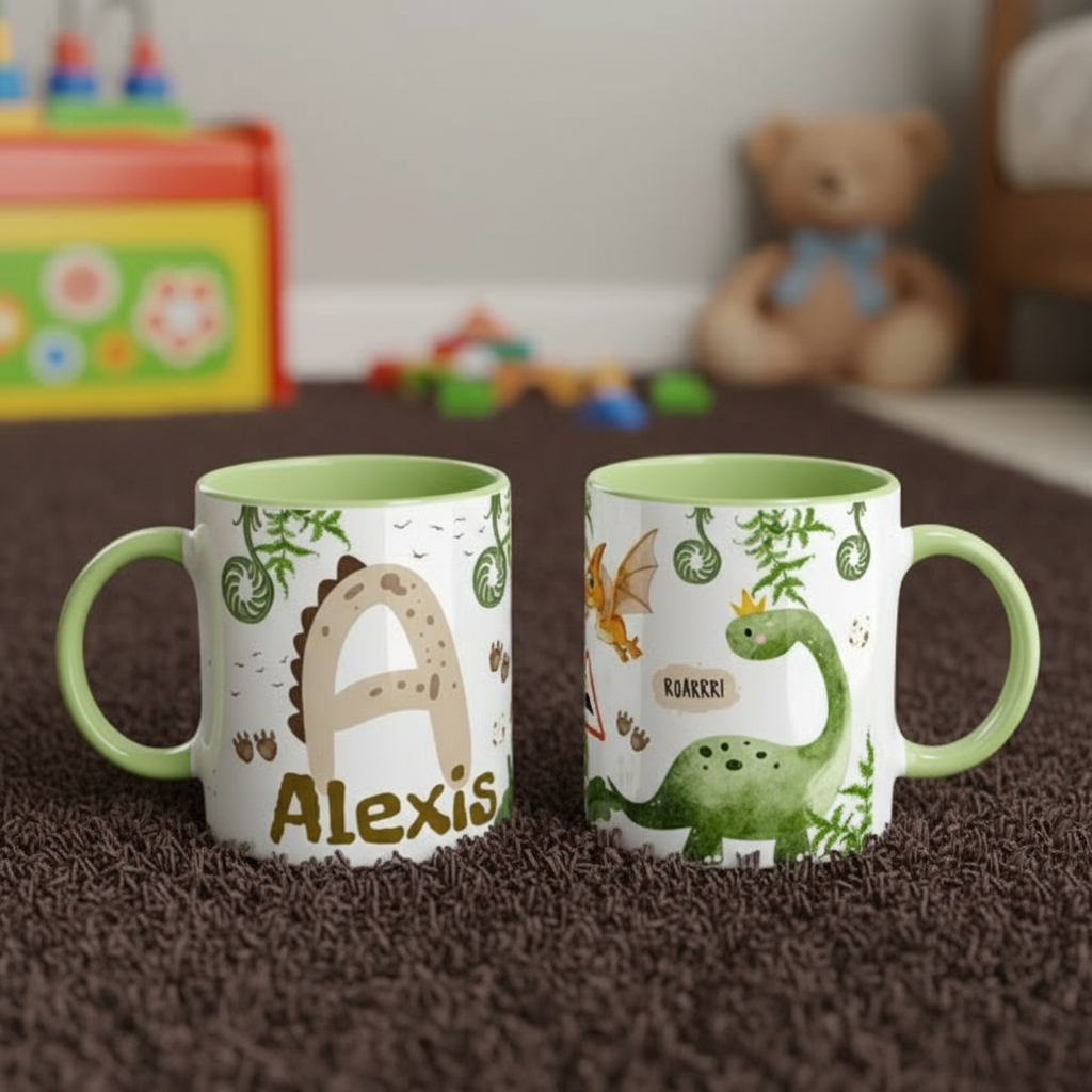 Tasse enfant personnalisée avec illustration de dinosaure vert, mug enfant thème dinosaures dans une chambre d’enfant