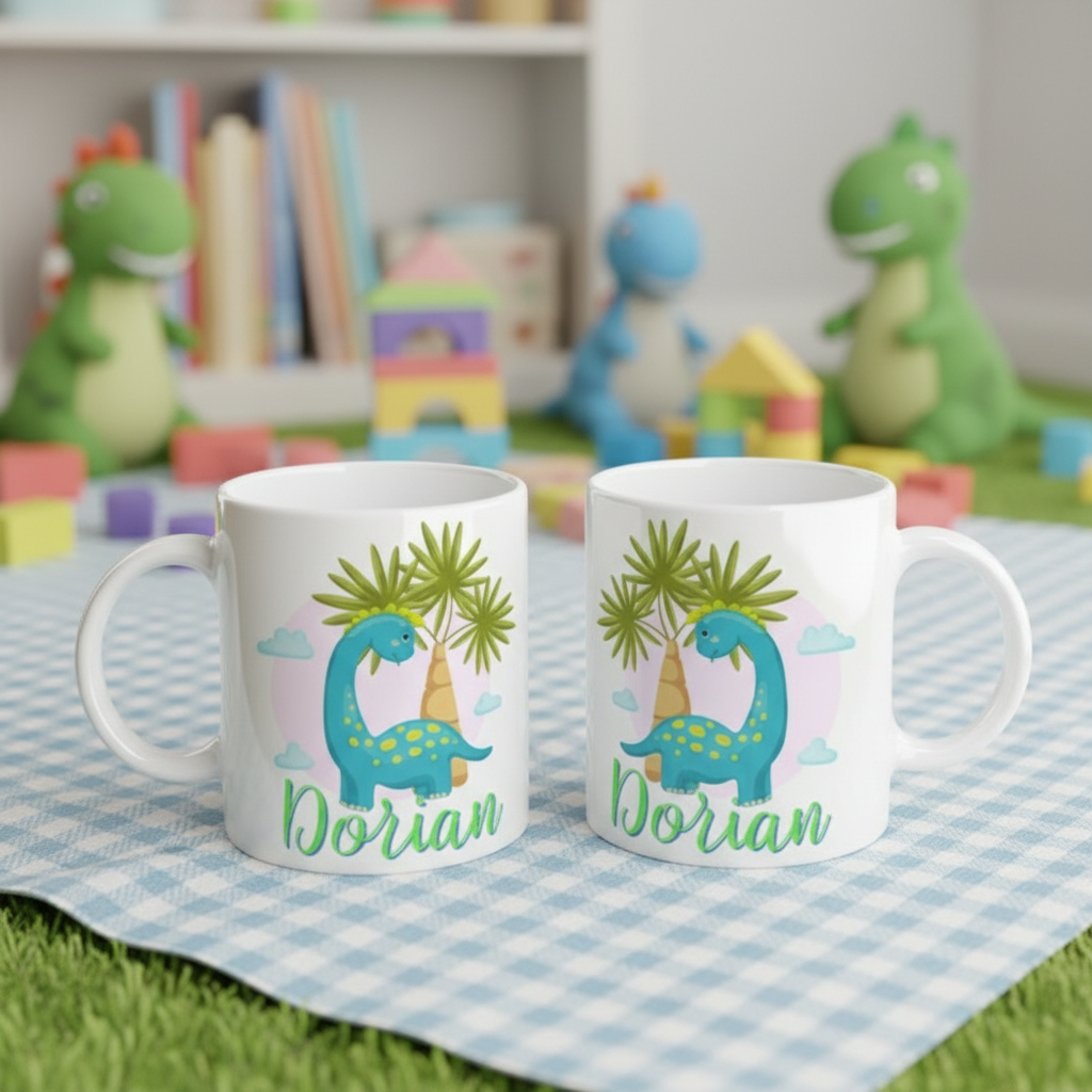 Mug personnalisé enfant avec illustration de dinosaure vu de l’autre côté du mug