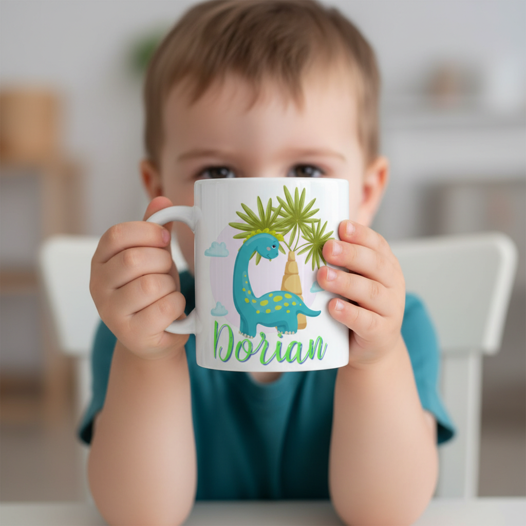 Mug personnalisé enfant avec illustration de dinosaure vu de face, tenu par un enfant