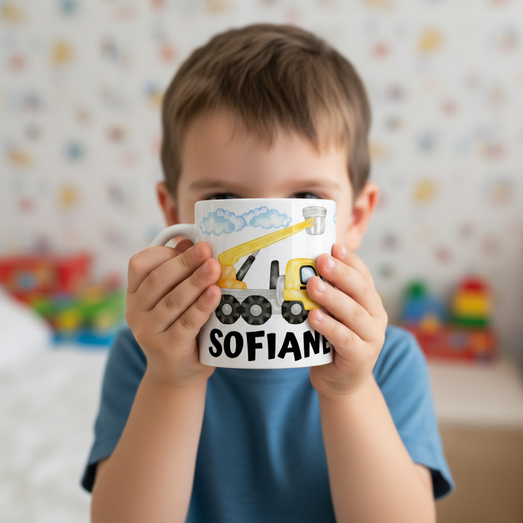 Enfant tenant un mug personnalisé avec illustration d’engin de chantier