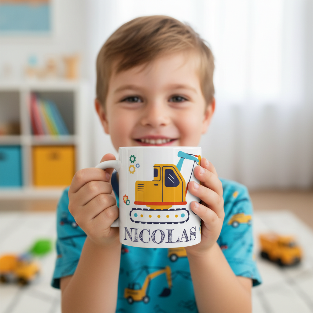 Enfant souriant tenant un mug personnalisé avec engin de chantier