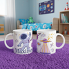 Mug enfant personnalisé espace avec illustrations astronaute fusée et planètes présenté recto verso