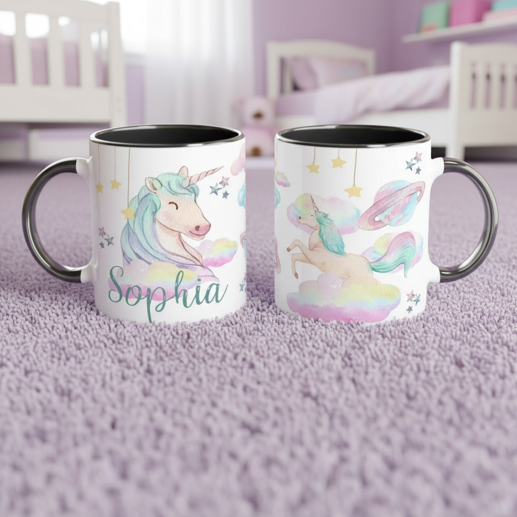 Tasse enfant personnalisée motif licorne avec poignée noire vue de face et dos