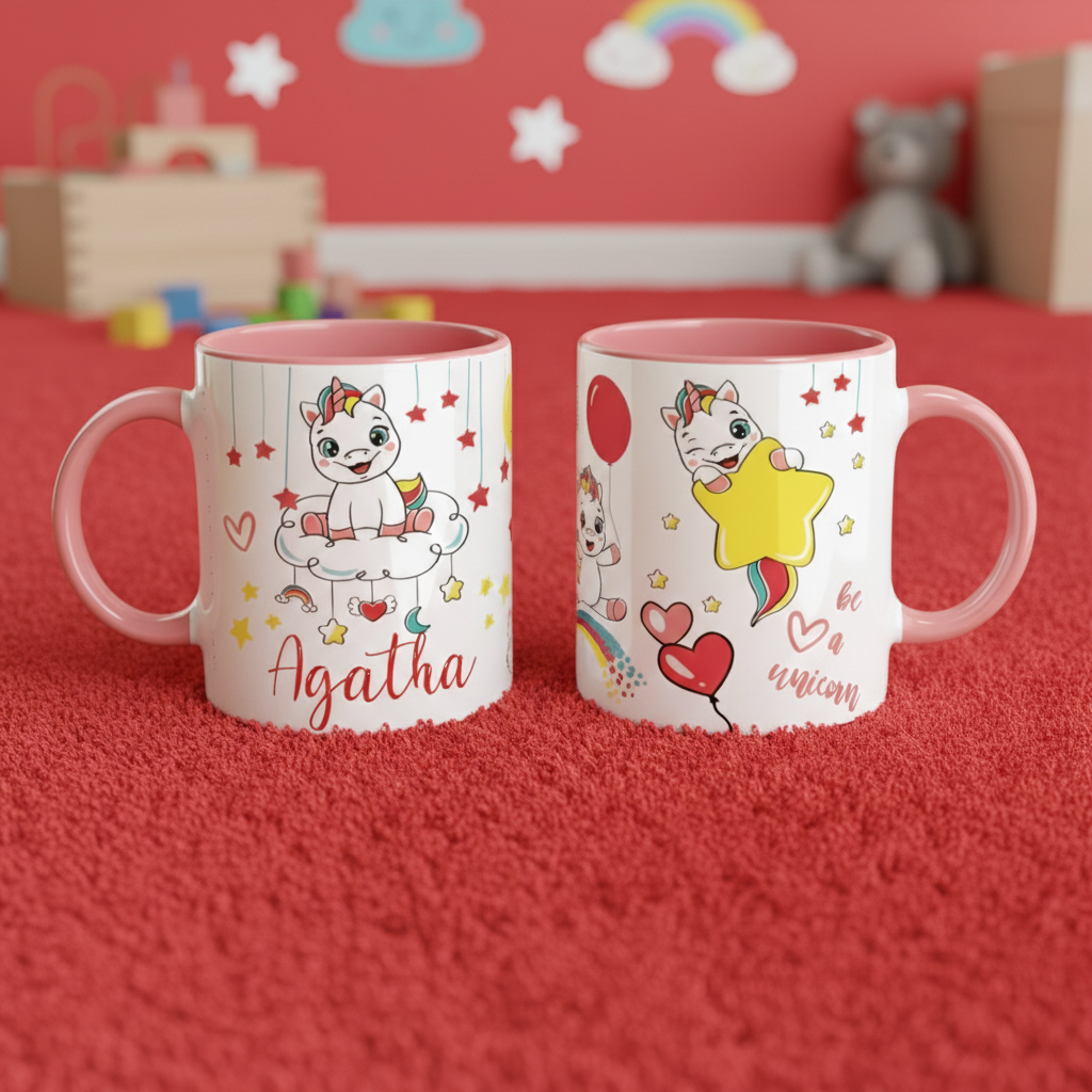 mug enfant licorne personnalisable avec poignée rose dans univers enfant