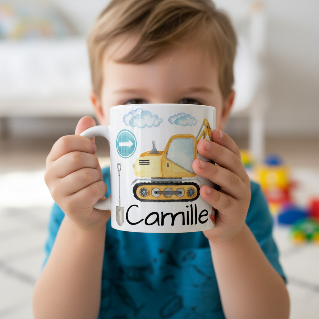 Enfant tenant un mug personnalisé avec illustration de pelleteuse de chantier