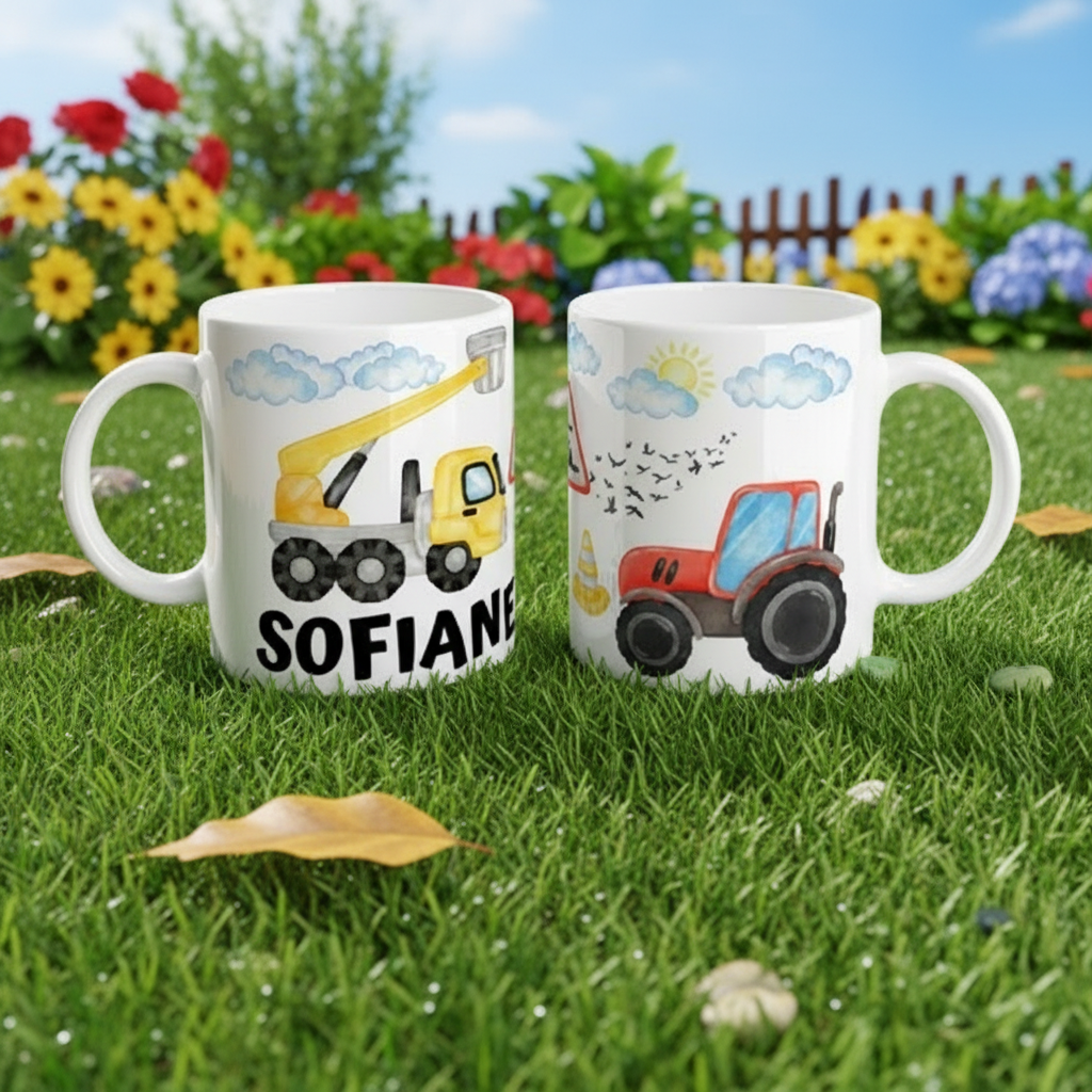 Tasse personnalisée enfant avec illustrations de véhicules de chantier et agricoles