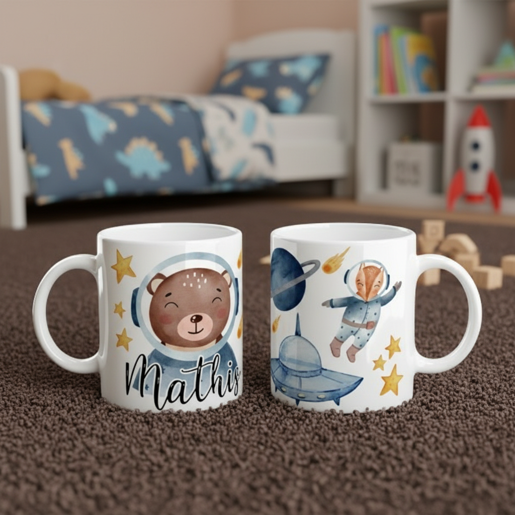 Mug enfant personnalisé avec illustrations espace posés dans une chambre d’enfant