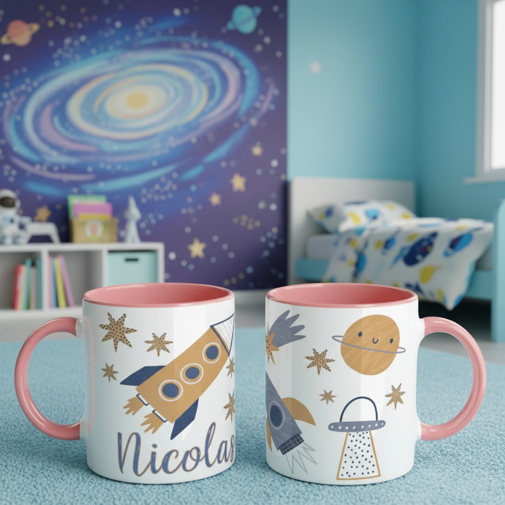 Mug enfant personnalisé espace avec poignée rose dans un univers spatial