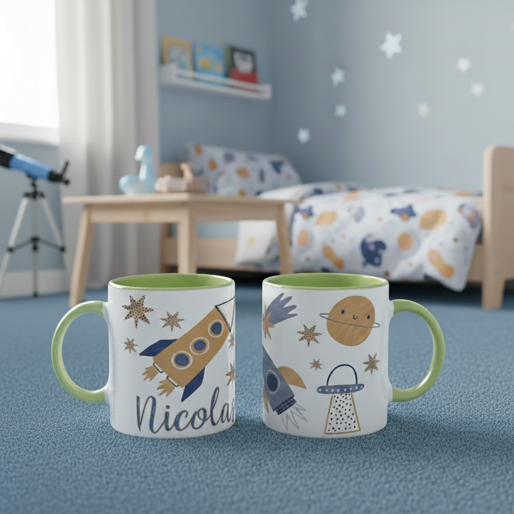 Mug enfant personnalisé espace avec poignée verte dans une chambre à thème astronaute