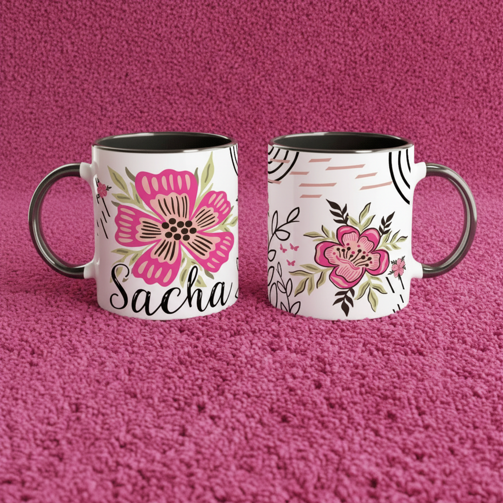 Mug personnalisé enfant avec illustration florale bohème, vue de face sur fond rose texturé