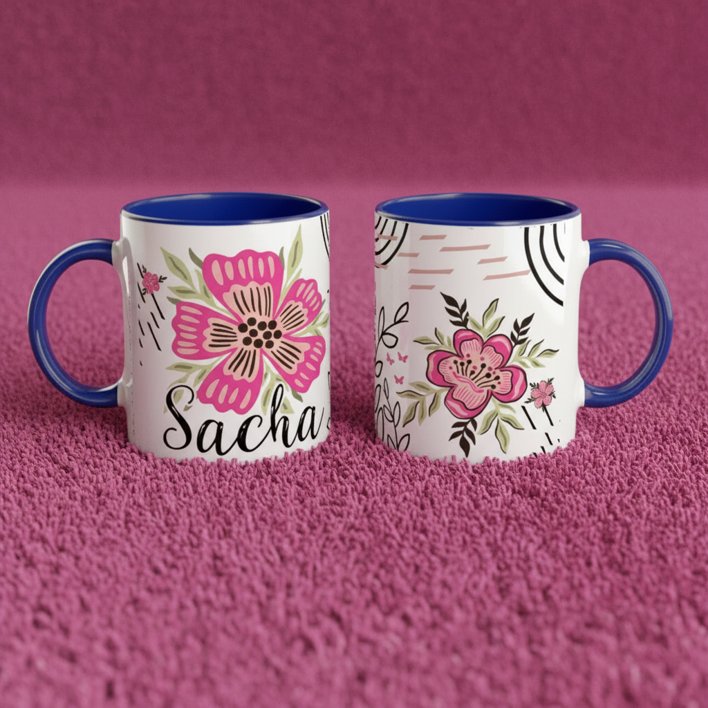 Tasse enfant personnalisée au design floral bohème avec poignée bleue sur fond rose