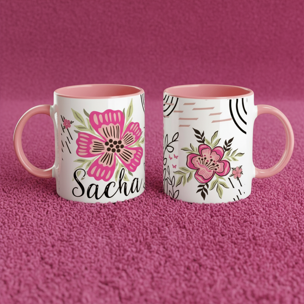 Tasse personnalisée enfant motif floral bohème avec poignée rose, vue avant et arrière