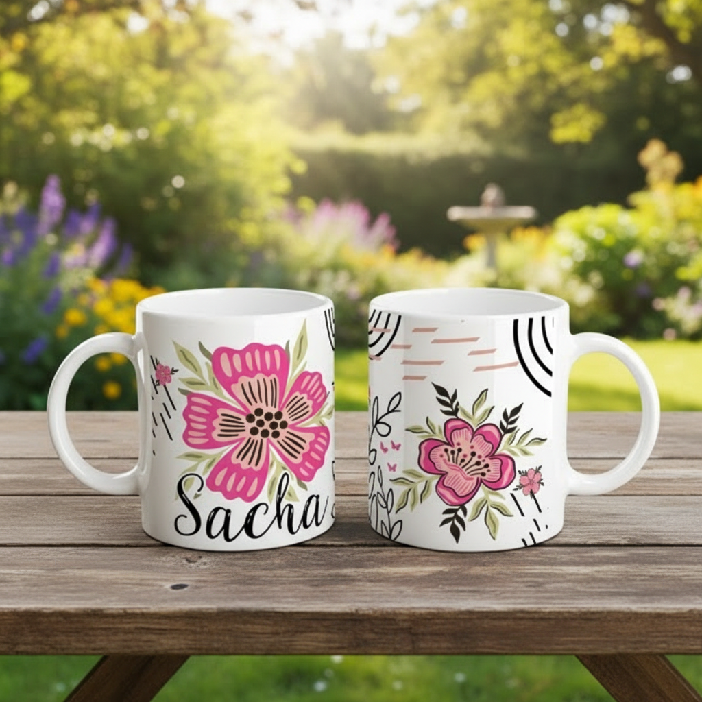 Mug personnalisé pour enfant avec décor floral élégant posé sur une table en extérieur