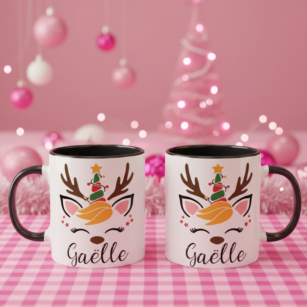 Mug personnalisé de Noël posé dans une décoration hivernale