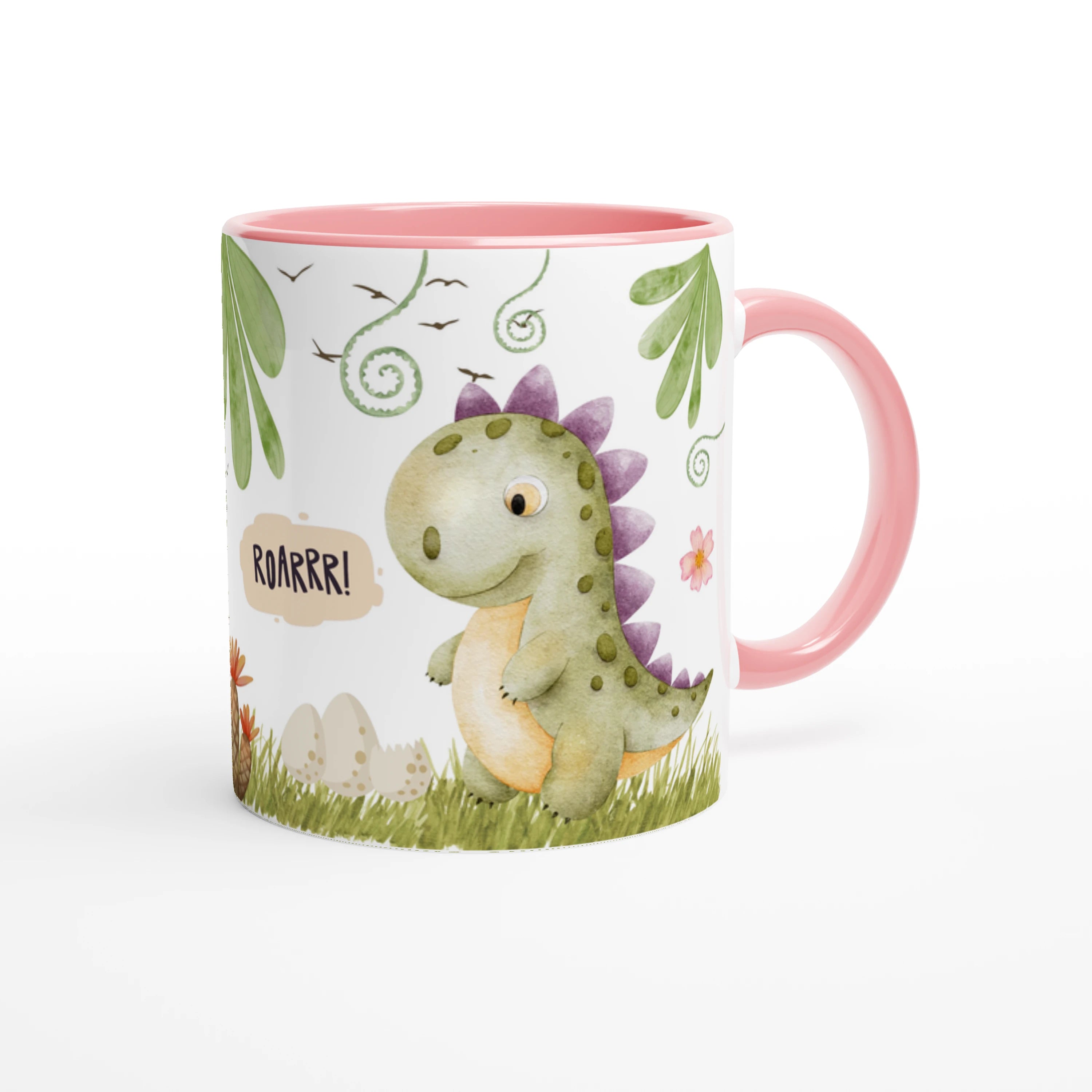 Mug avec prénom et motif dinosaure mignon, intérieur rose, cadeau adorable pour enfant.