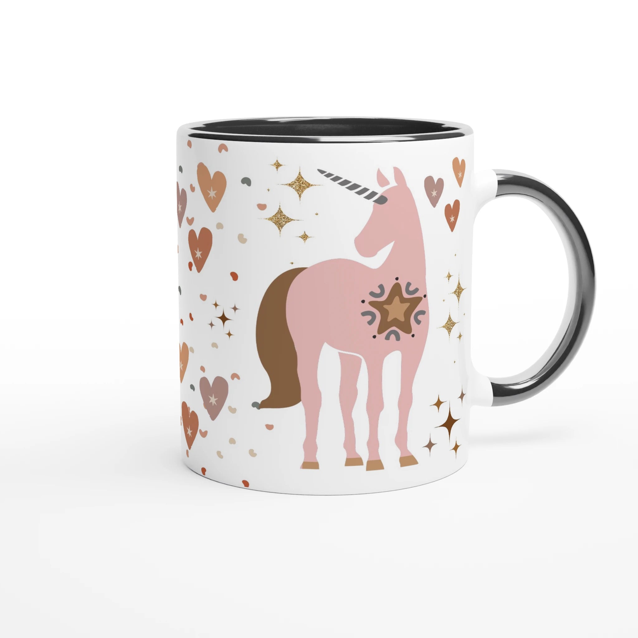 Mug personnalisé avec licorne étoilée et cœur doré, intérieur noir, pour une touche chic et mystique