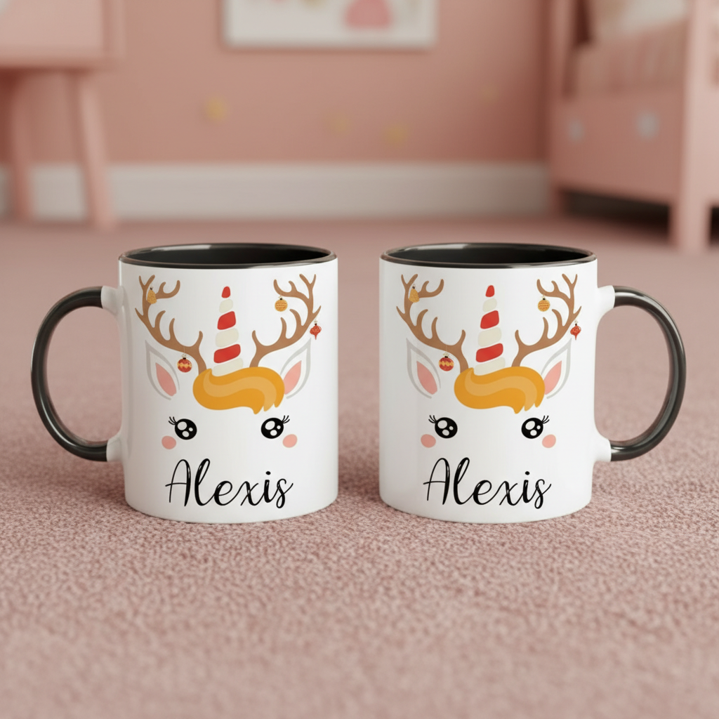 Mug de Noël personnalisé avec illustration renne licorne et poignée foncée