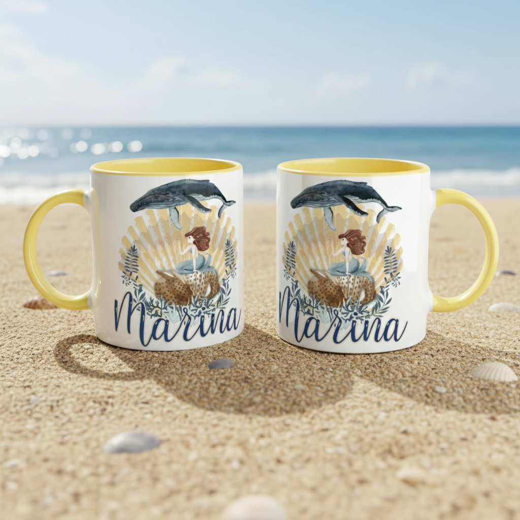 Mug personnalisé avec illustration de sirène et baleine sur fond océanique