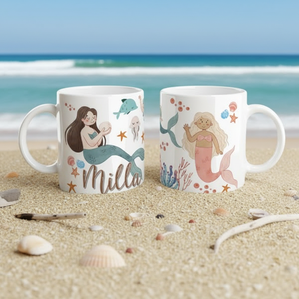 Mug prénom enfant personnalisé avec sirènes et décor marin féérique