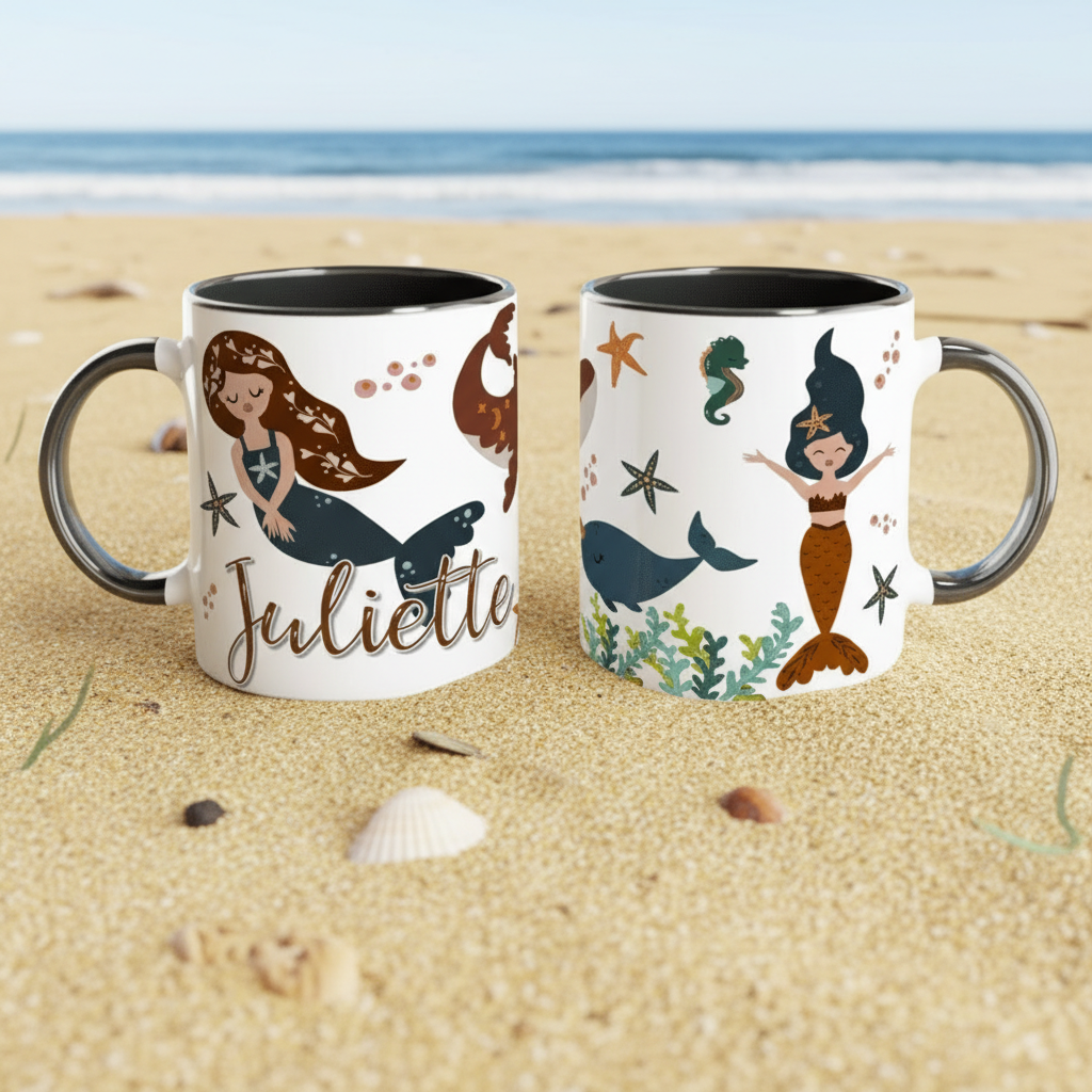 Mug personnalisé pour enfant avec illustration de sirène et décor marin